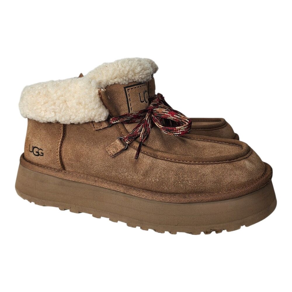 UGG Funkarra Cabin Cuff Boots Womens 11 Platform Chestnut Suede Sheepskin Lined